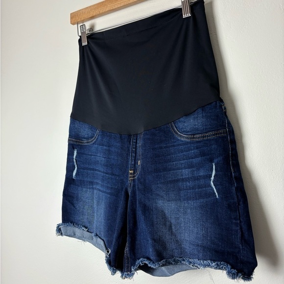 JUST BLACK • Women’s Dark Wash Distressed Cutoff Jean Full Belly Band Shorts - Picture 3 of 5